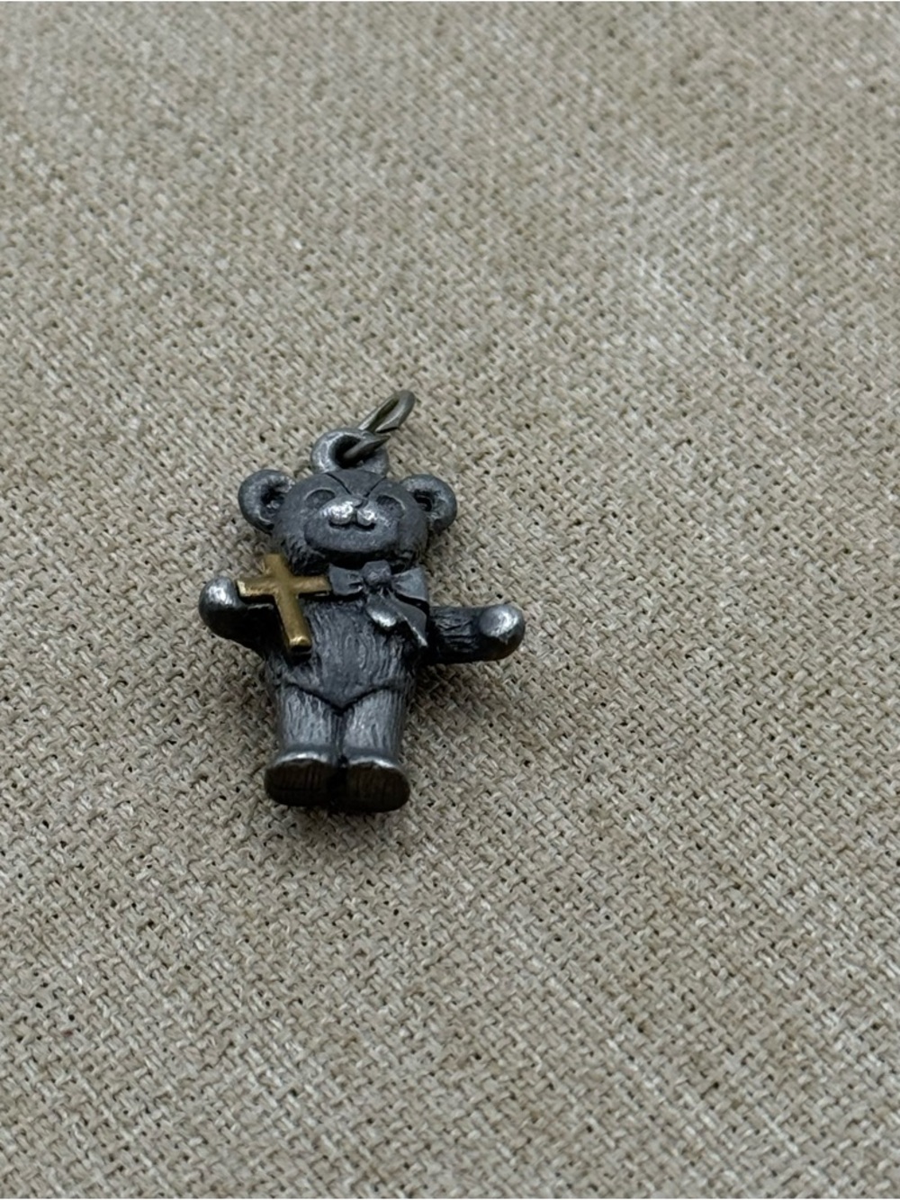 Small silver tone Teddy Bear Cross Pendant Charm - Two-Tone Metal